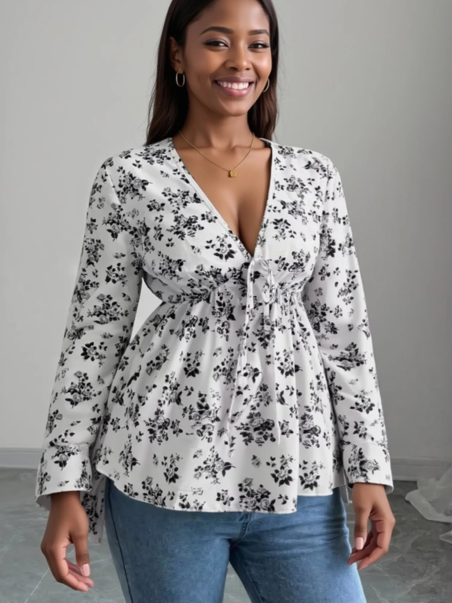 Floral Print V-Neck Long Sleeve Blouse - Fashorio