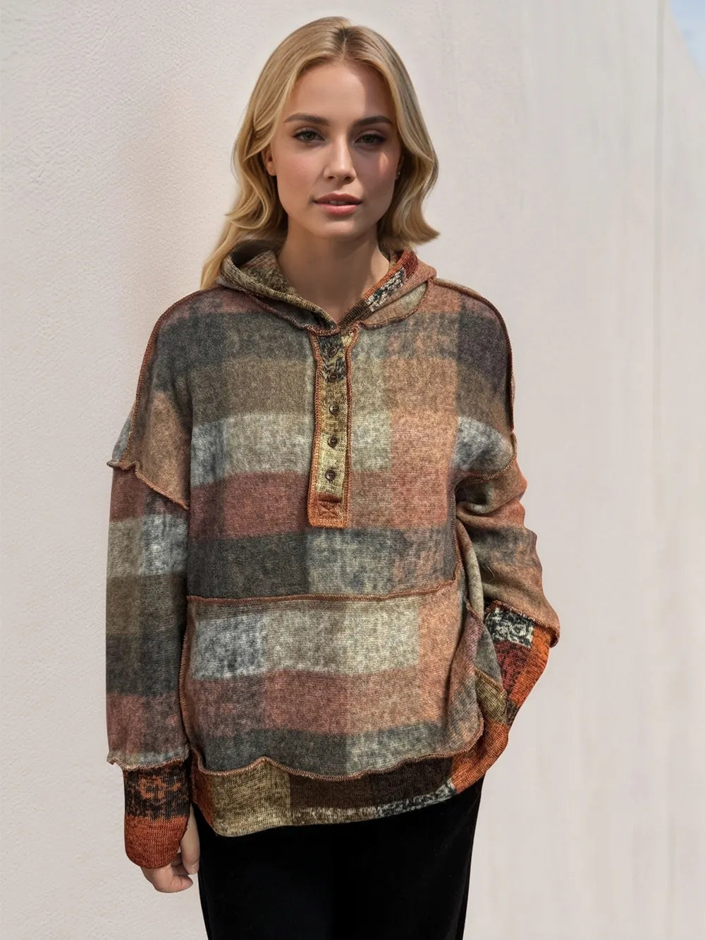 Plaid fleece hoodie front view