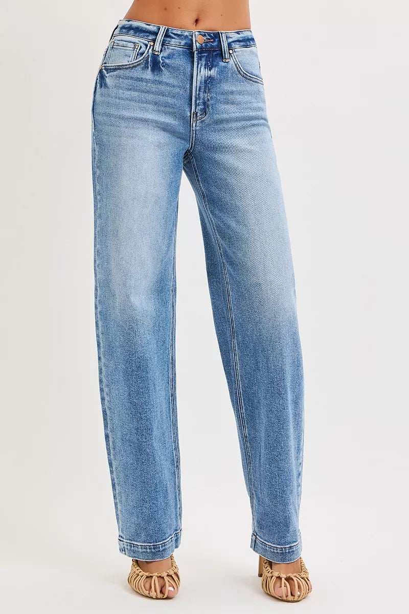 RISEN high rise wide leg baggy jeans front view in blue