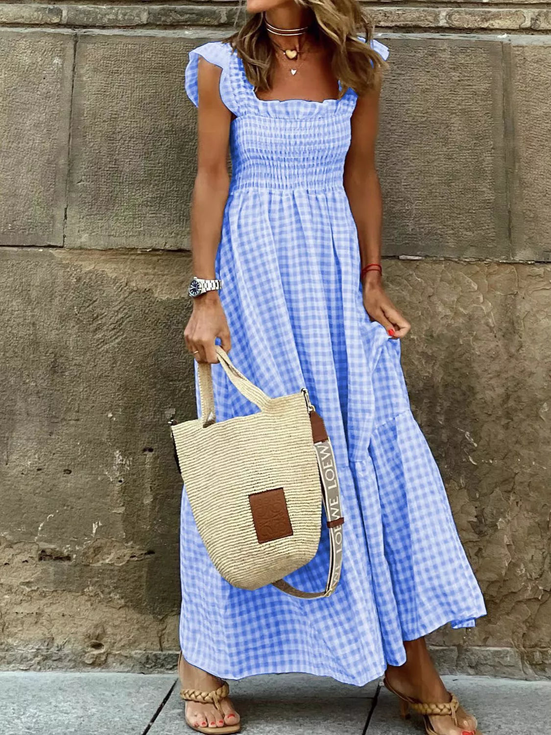 Gingham smocked ruffle maxi dress detail of the fabric and print