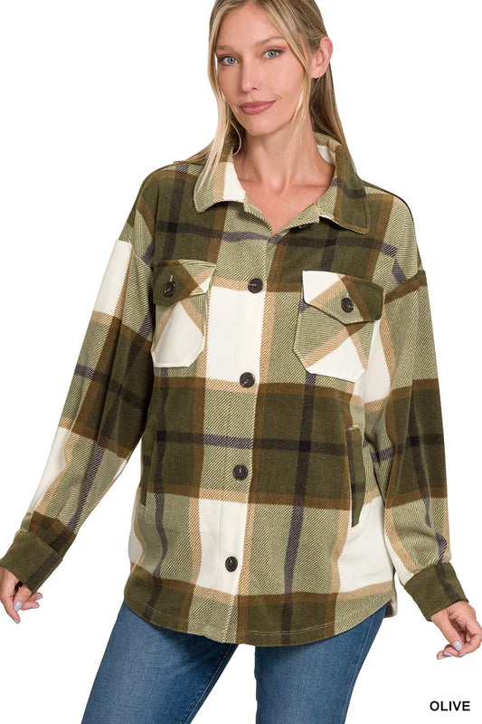Zenana Oversized Plaid Fleece Shacket OLIVE - Fashorio