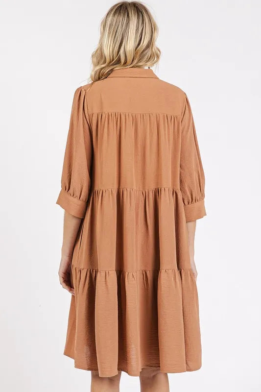 Button Detail Collared Neck Tiered Shirt Dress side view