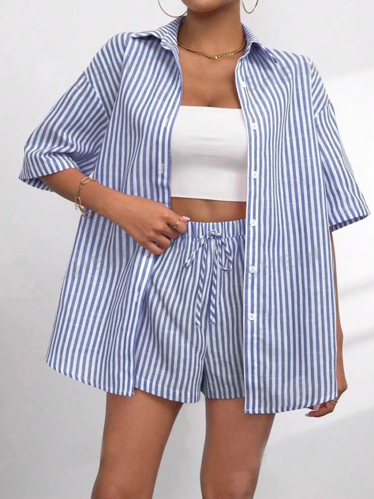 Striped button up shirt and shorts set front view