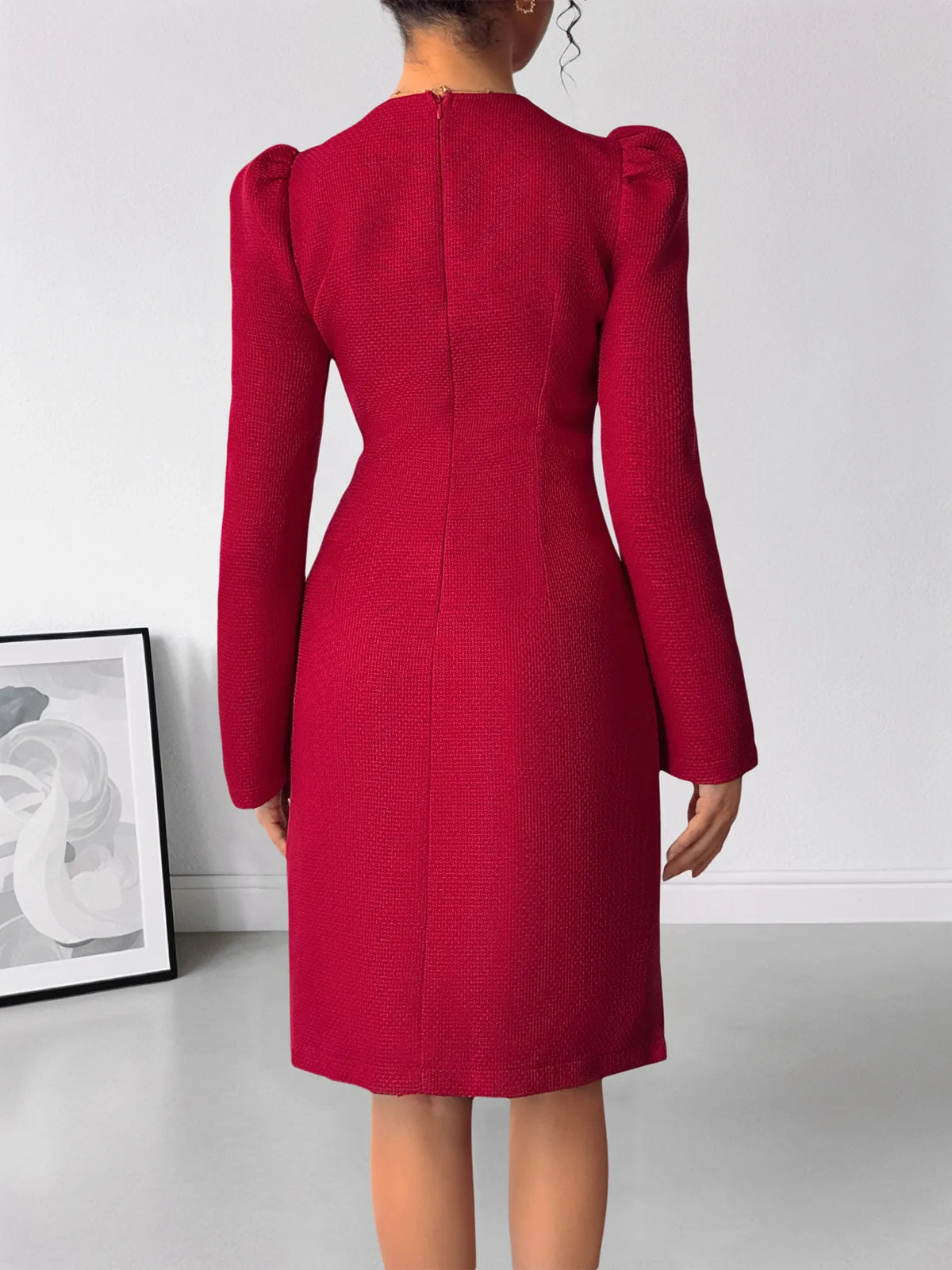 Red pearl trim V neck long sleeve bodycon dress back view