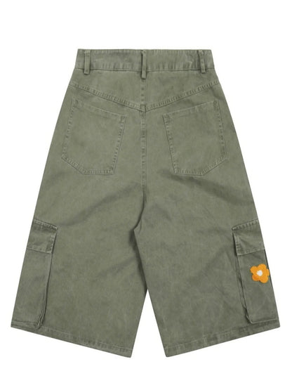 Men's Flower Embroidered Denim Cargo Shorts - Fashorio
