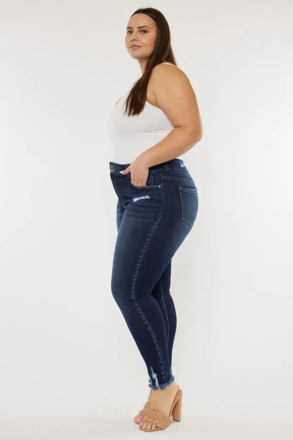 Whiskered fading detail on high waist jeans