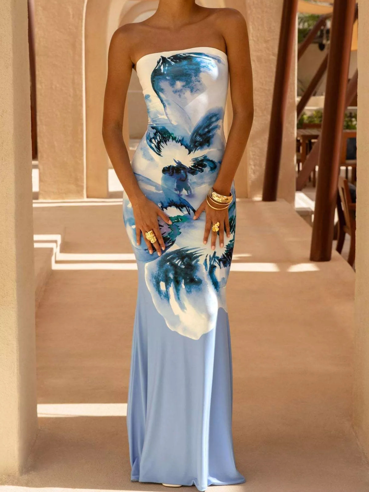 strapless tube bodycon maxi dress close up view