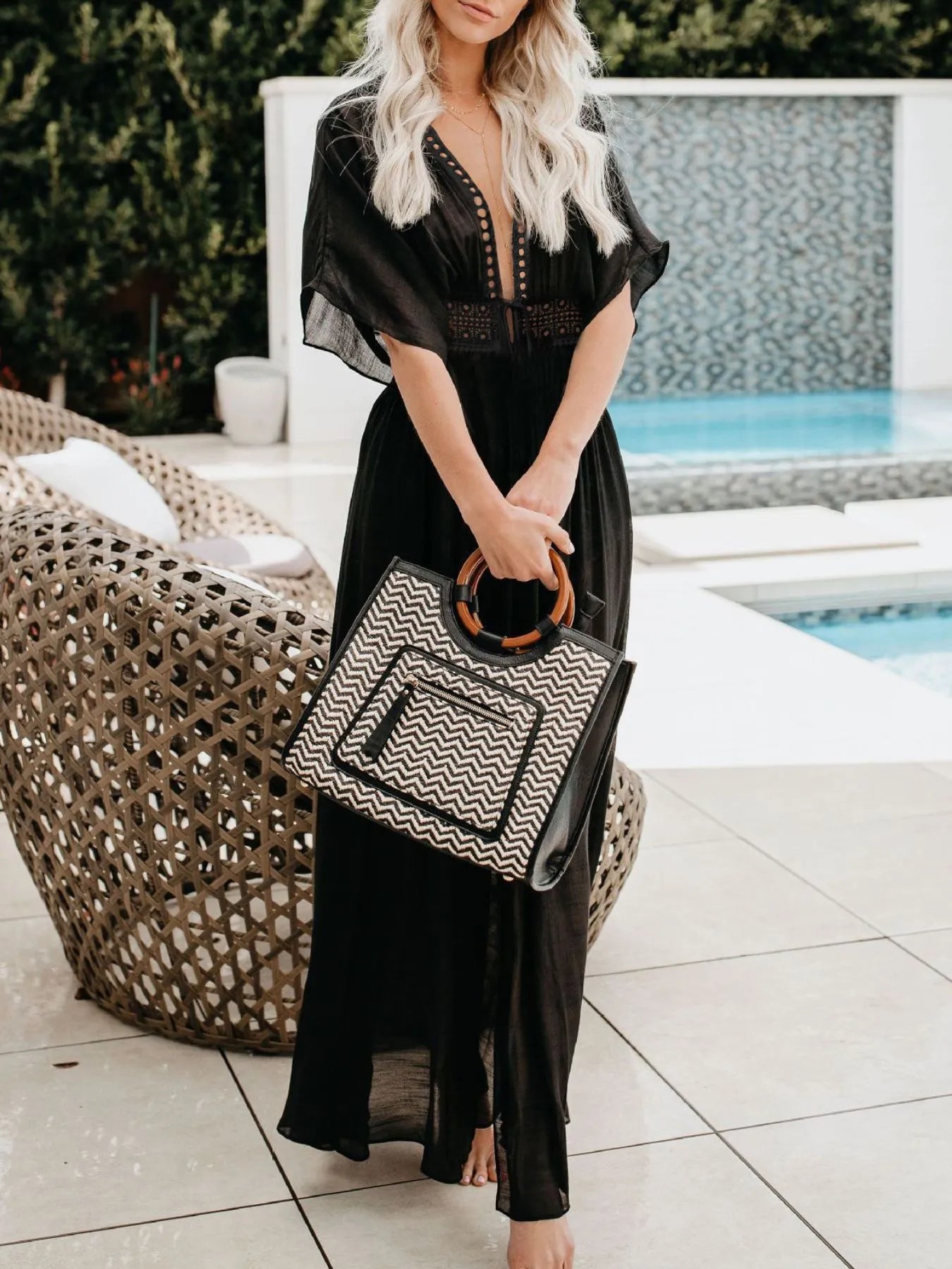 Lace Trim Plunging Beach Cover Up Maxi Dress - Fashorio