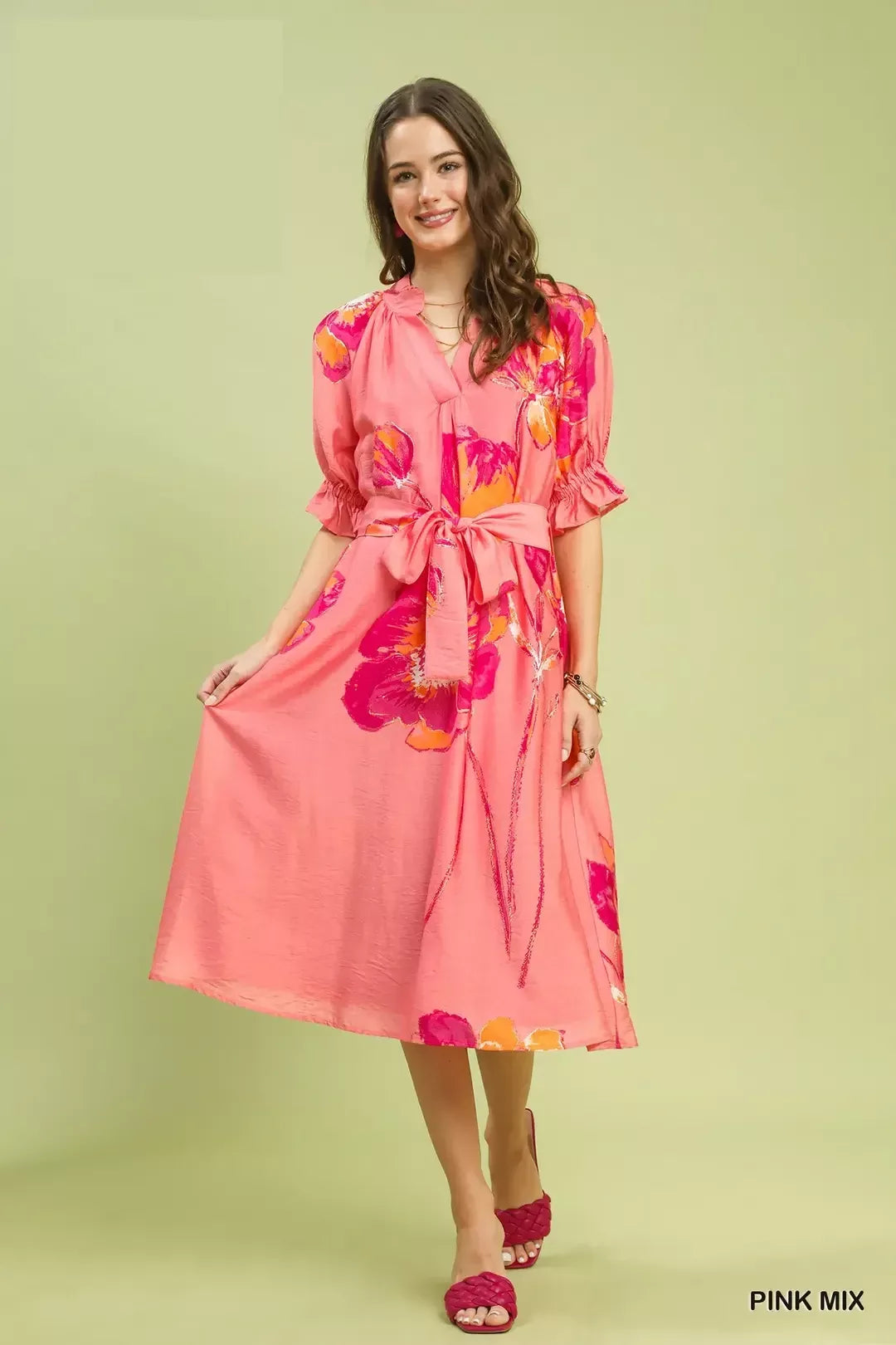 Floral Flounce Sleeve Midi Dress with Belted back view