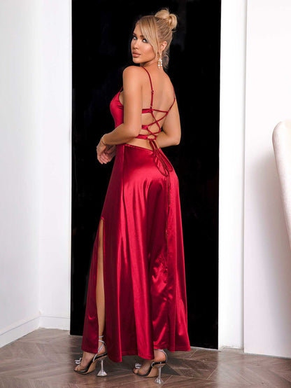 Spaghetti Strap Lace-Up Back Split Dress - Fashorio
