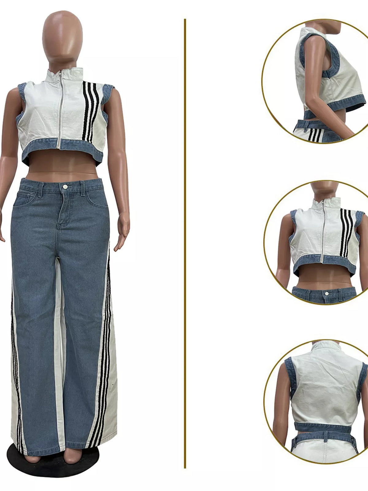 Zip front crop top striped pants set detail view