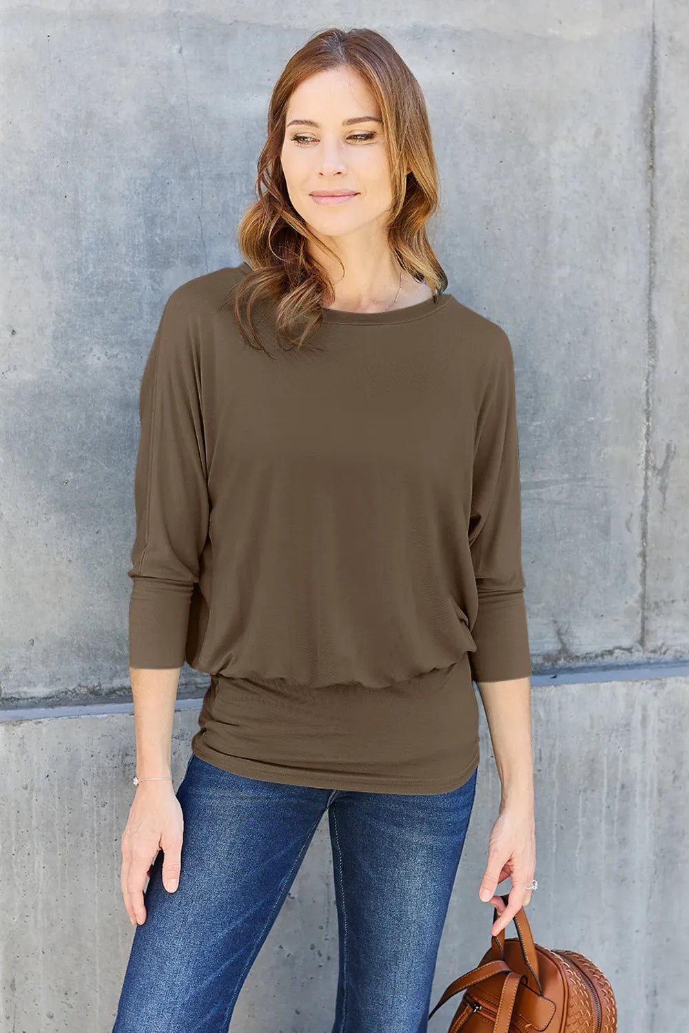 Basic Bae Brown / S Basic Bae Full Size Round Neck Batwing Sleeve Top