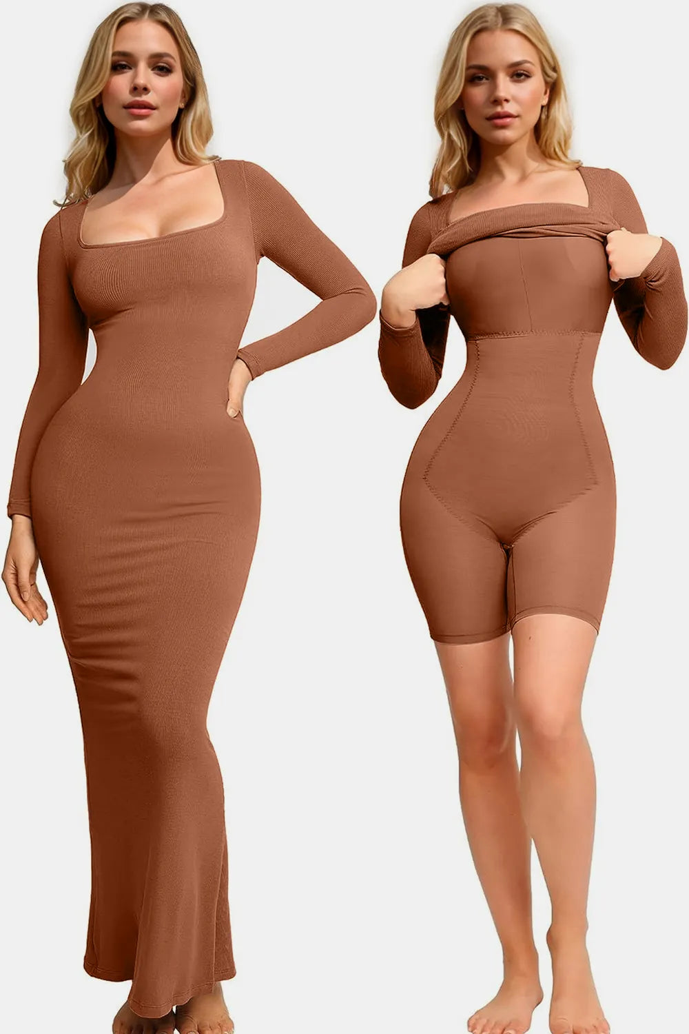 Basic Bae Caramel / S Basic Bae Built-In Shapewear Square Neck Long Sleeve Maxi Dress