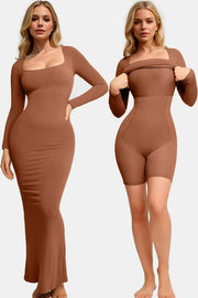 Basic Bae Caramel / S Basic Bae Built-In Shapewear Square Neck Long Sleeve Maxi Dress