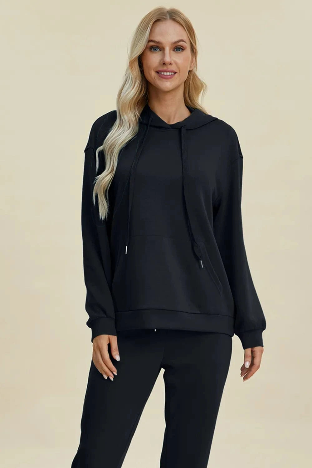 Basic Bae Dresses Basic Bae Full Size Air Scuba Drawstring Long Sleeve Hoodie with Kangaroo Pocket