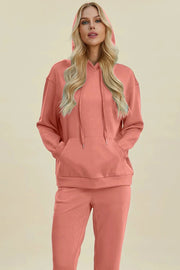 Basic Bae Dresses Coral / S Basic Bae Full Size Air Scuba Drawstring Long Sleeve Hoodie with Kangaroo Pocket
