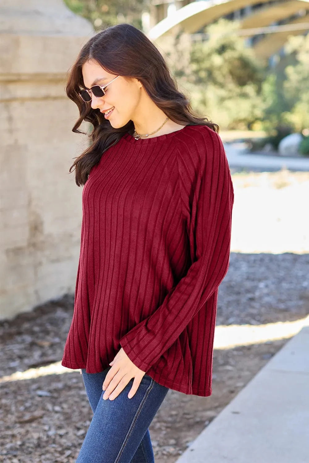 Basic Bae Knit Tops Basic Bae Full Size Ribbed Round Neck Long Sleeve Knit Top