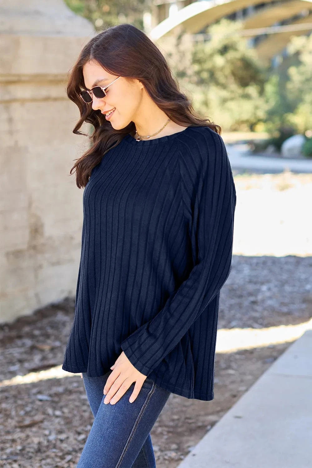 Basic Bae Knit Tops Basic Bae Full Size Ribbed Round Neck Long Sleeve Knit Top