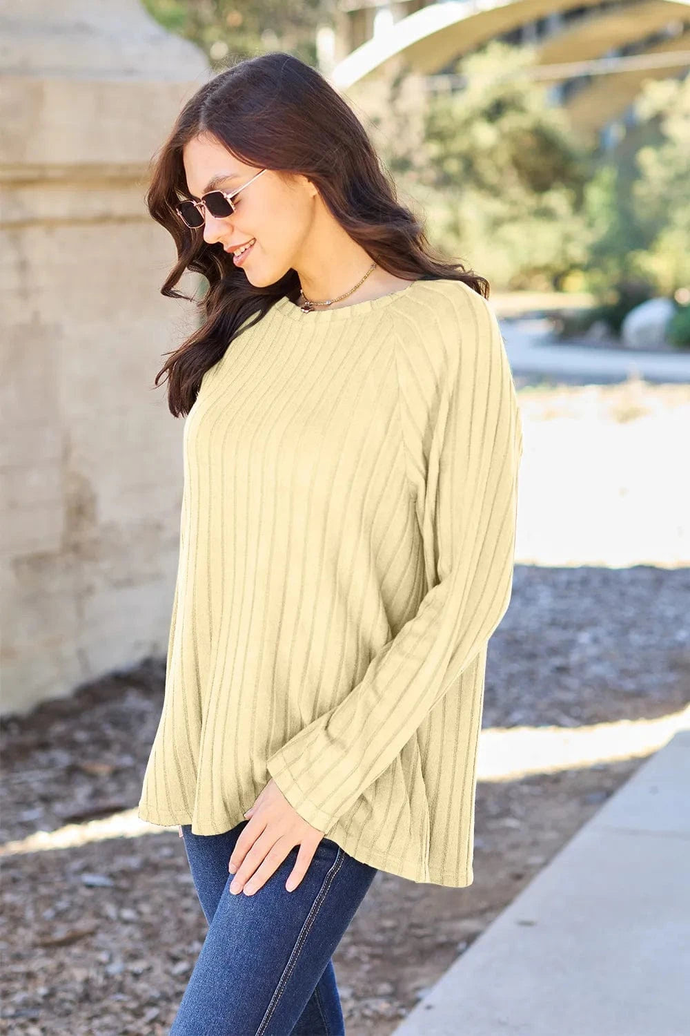 Basic Bae Knit Tops Basic Bae Full Size Ribbed Round Neck Long Sleeve Knit Top