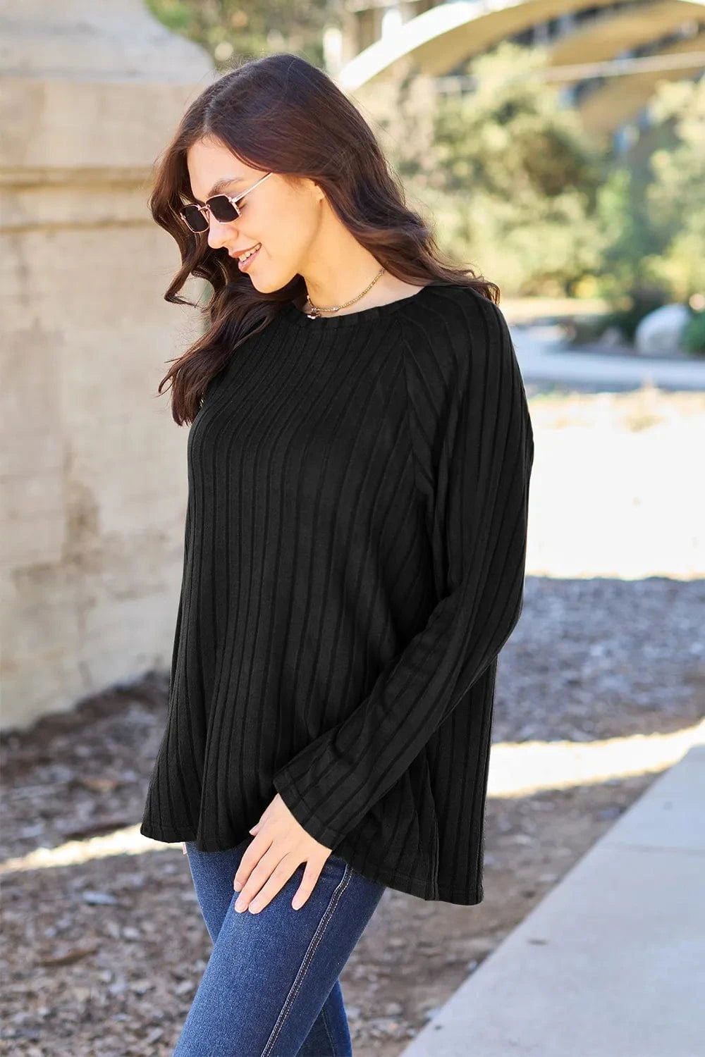 Basic Bae Knit Tops Basic Bae Full Size Ribbed Round Neck Long Sleeve Knit Top