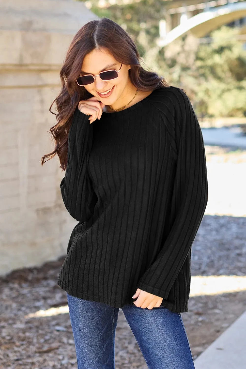 Basic Bae Knit Tops Black / S Basic Bae Full Size Ribbed Round Neck Long Sleeve Knit Top