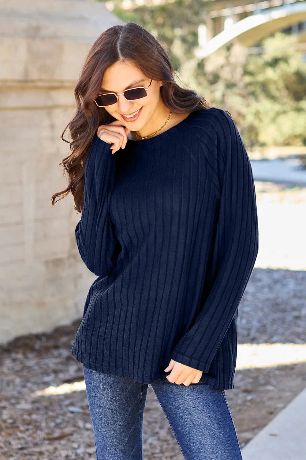 Basic Bae Knit Tops Dark Blue / S Basic Bae Full Size Ribbed Round Neck Long Sleeve Knit Top