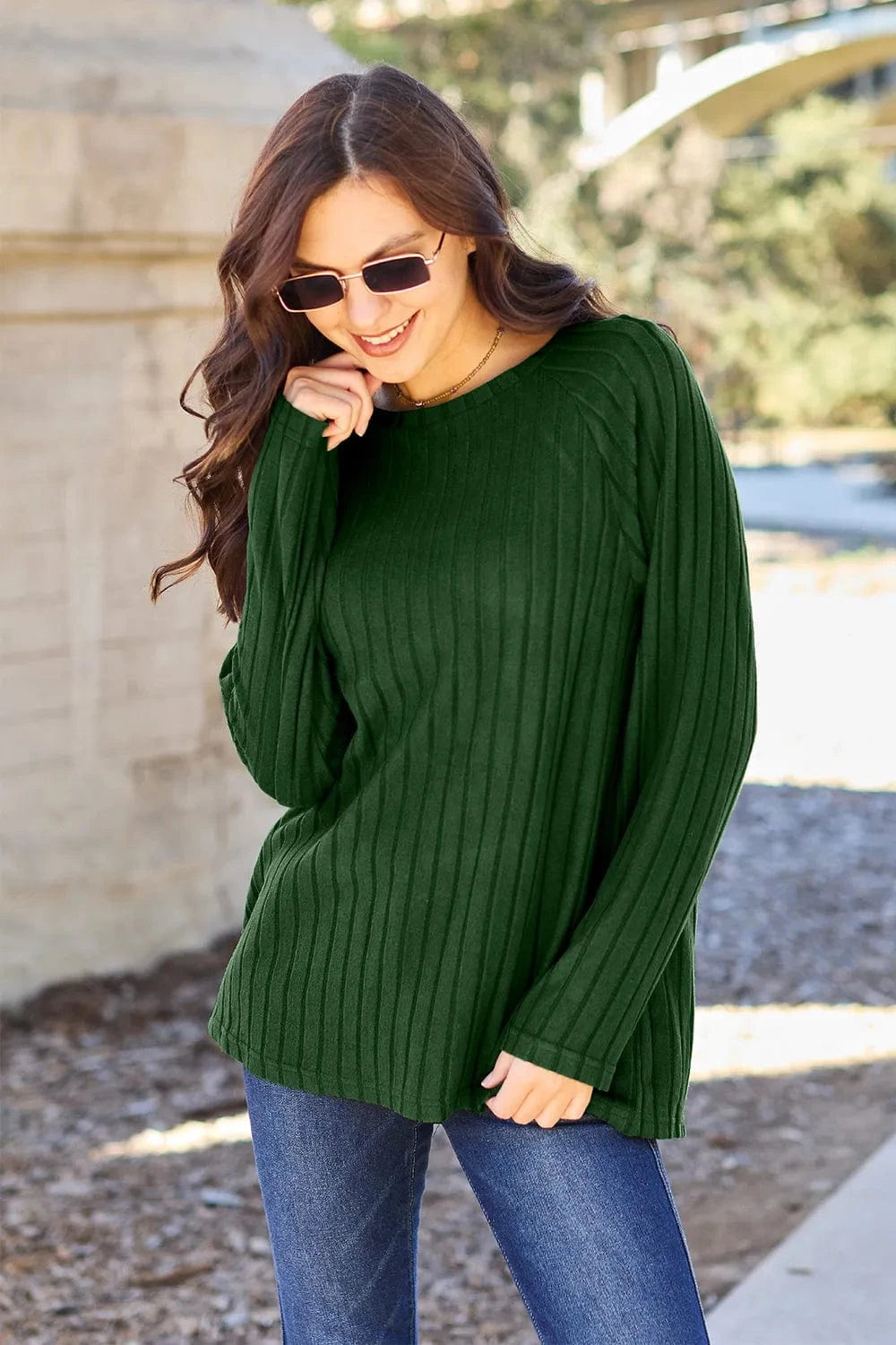 Basic Bae Knit Tops Dark Green / S Basic Bae Full Size Ribbed Round Neck Long Sleeve Knit Top