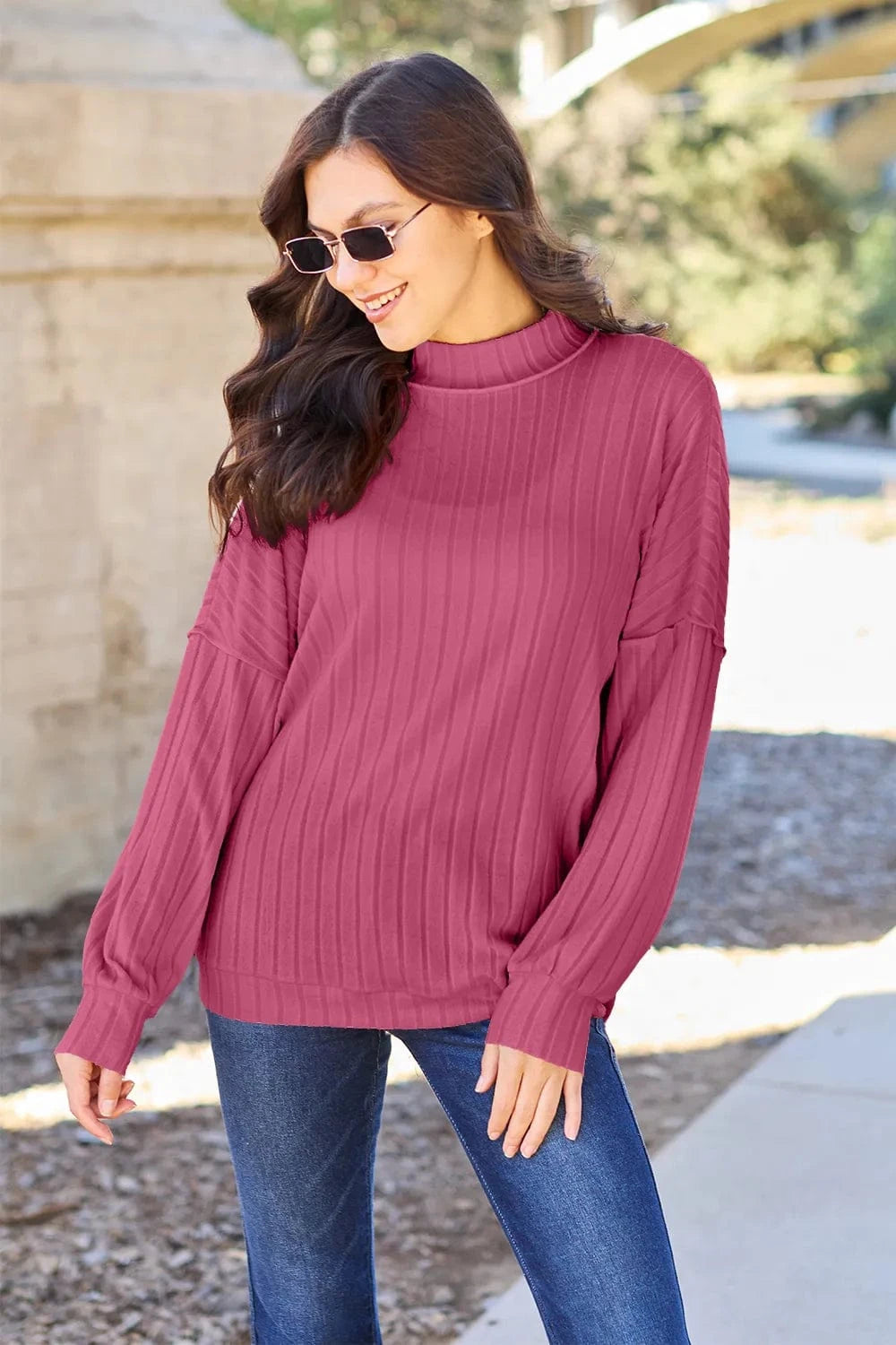 Basic Bae Knit Tops Hot Pink / S Basic Bae Full Size Ribbed Exposed Seam Mock Neck Knit Top