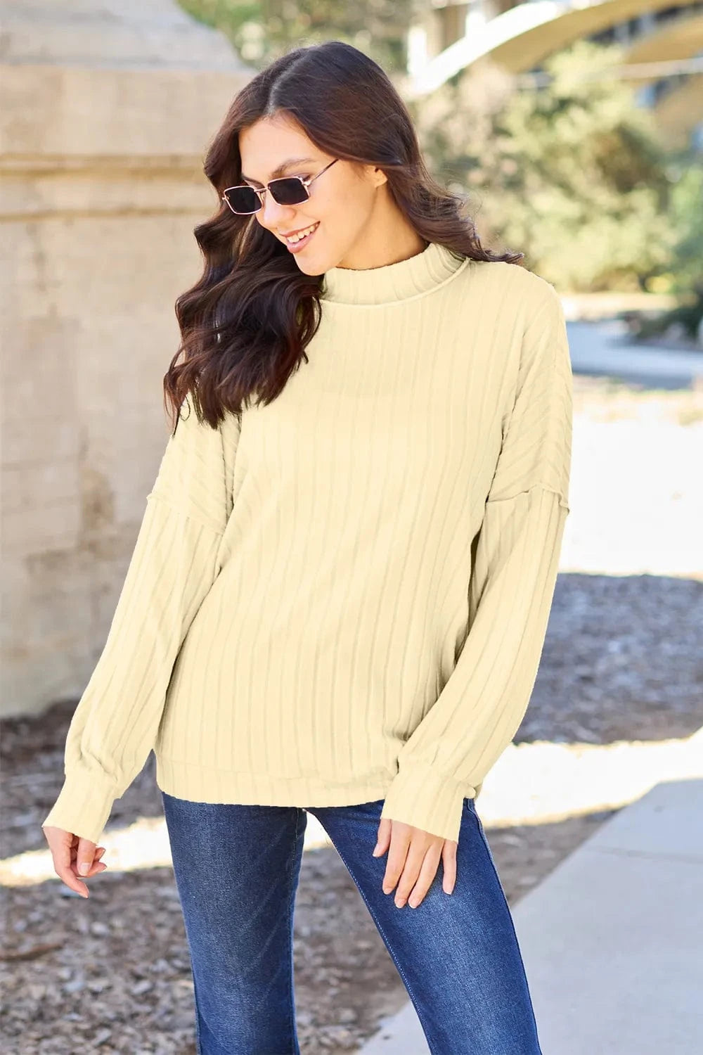 Basic Bae Knit Tops Light Yellow / S Basic Bae Full Size Ribbed Exposed Seam Mock Neck Knit Top