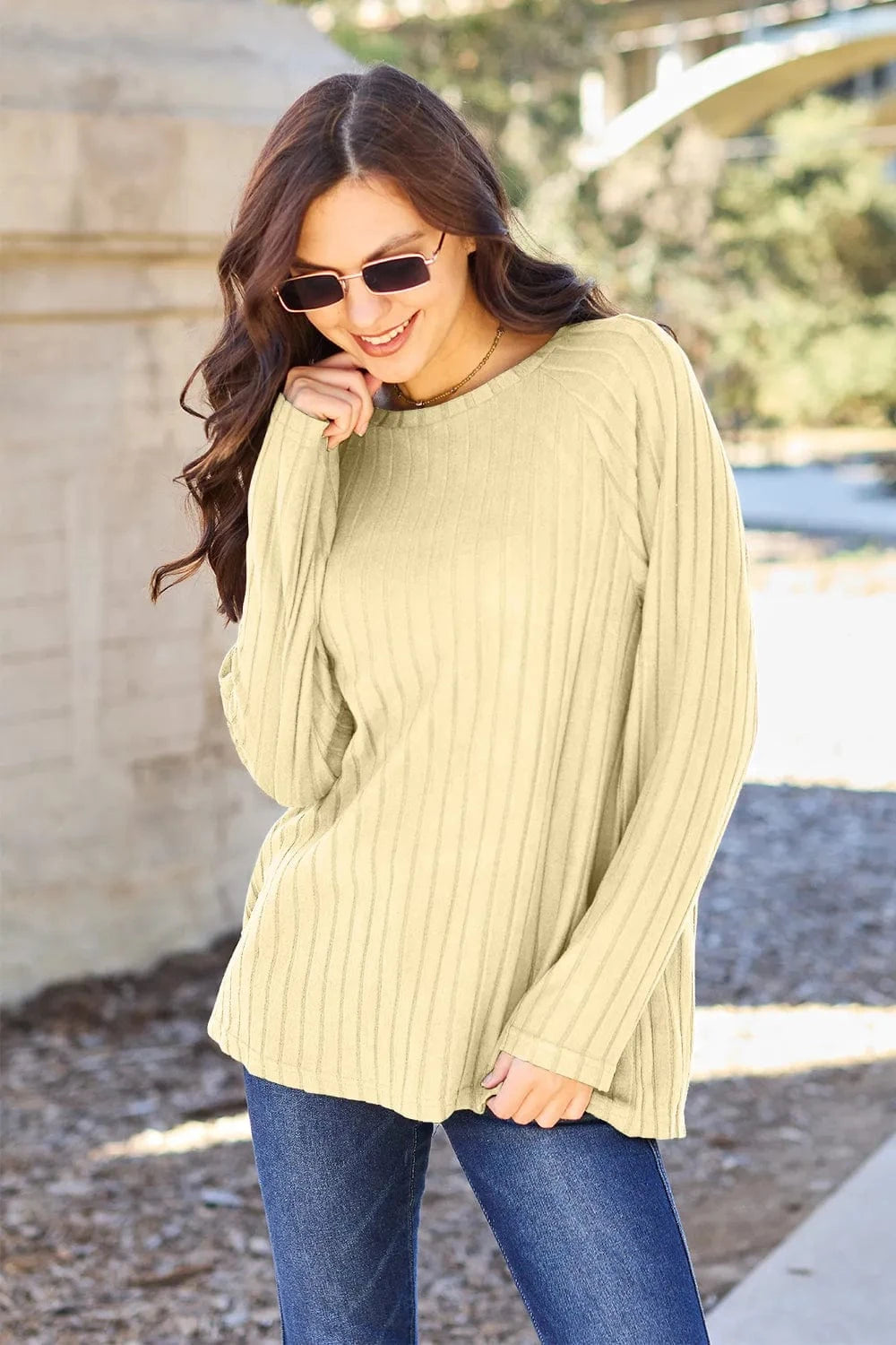Basic Bae Knit Tops Light Yellow / S Basic Bae Full Size Ribbed Round Neck Long Sleeve Knit Top