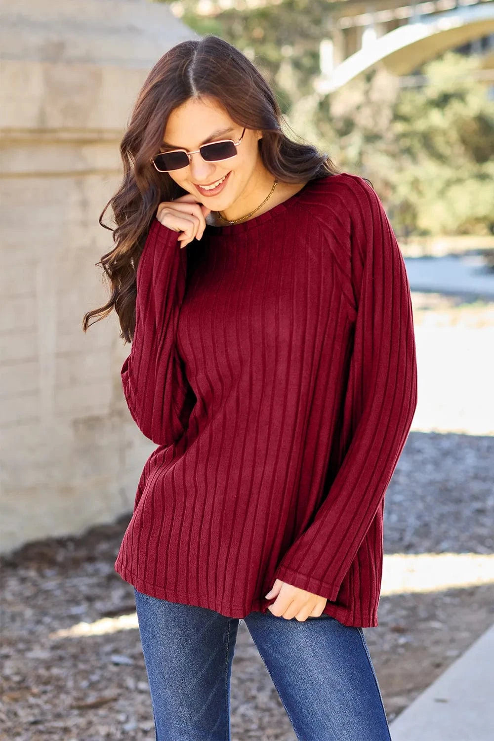 Basic Bae Knit Tops Scarlet / S Basic Bae Full Size Ribbed Round Neck Long Sleeve Knit Top