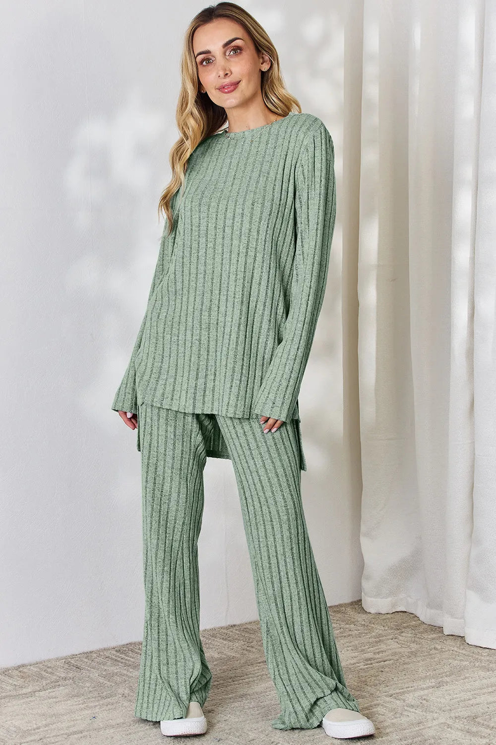 Basic Bae Light Green / S Basic Bae Full Size Ribbed High-Low Top and Wide Leg Pants Set