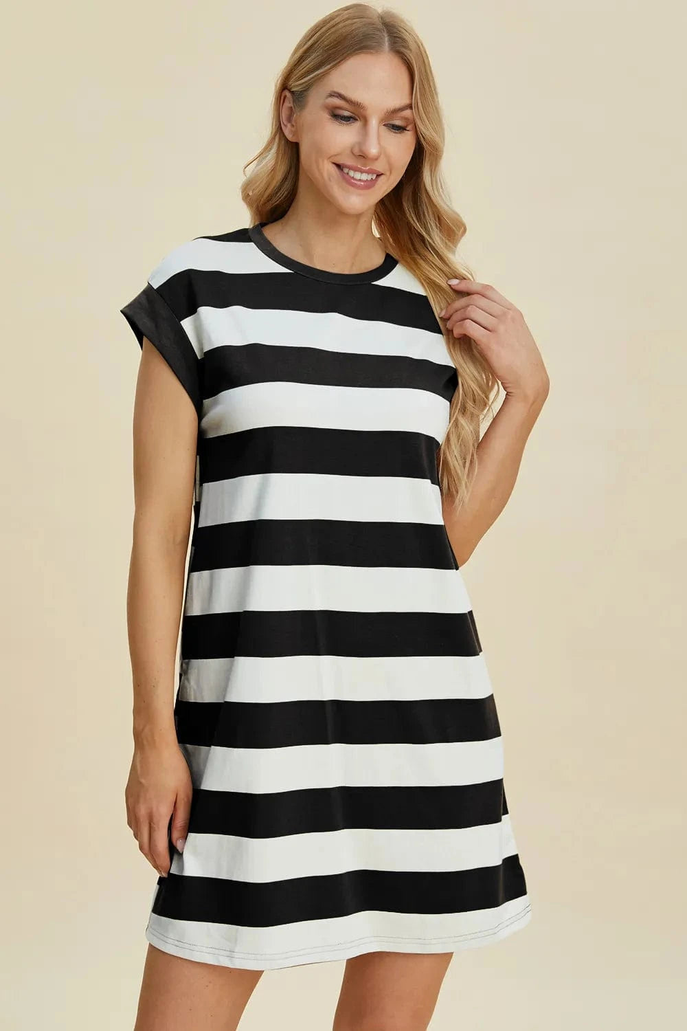 Basic Bae Mini Dresses Basic Bae Full Size Striped Round Neck Cap Sleeve Mini Dress