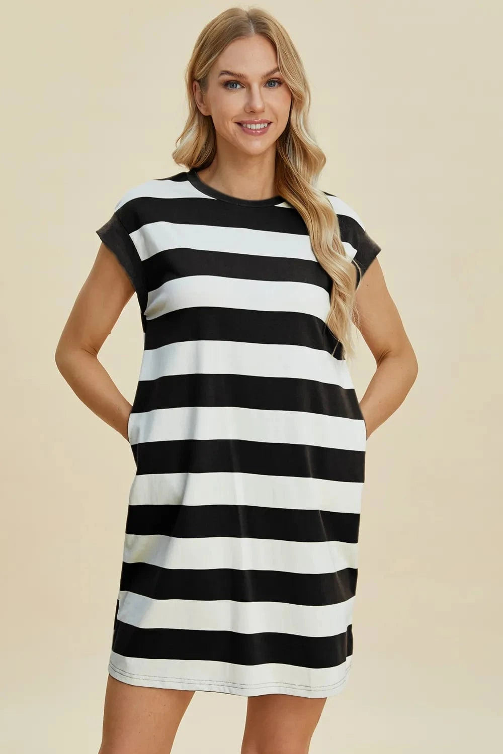 Basic Bae Mini Dresses Basic Bae Full Size Striped Round Neck Cap Sleeve Mini Dress