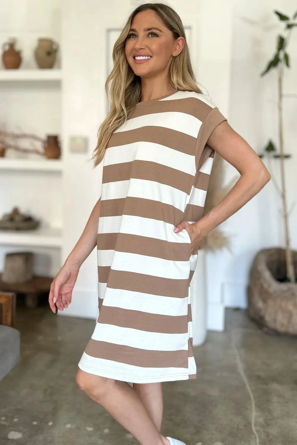 Basic Bae Mini Dresses Basic Bae Full Size Striped Round Neck Cap Sleeve Mini Dress