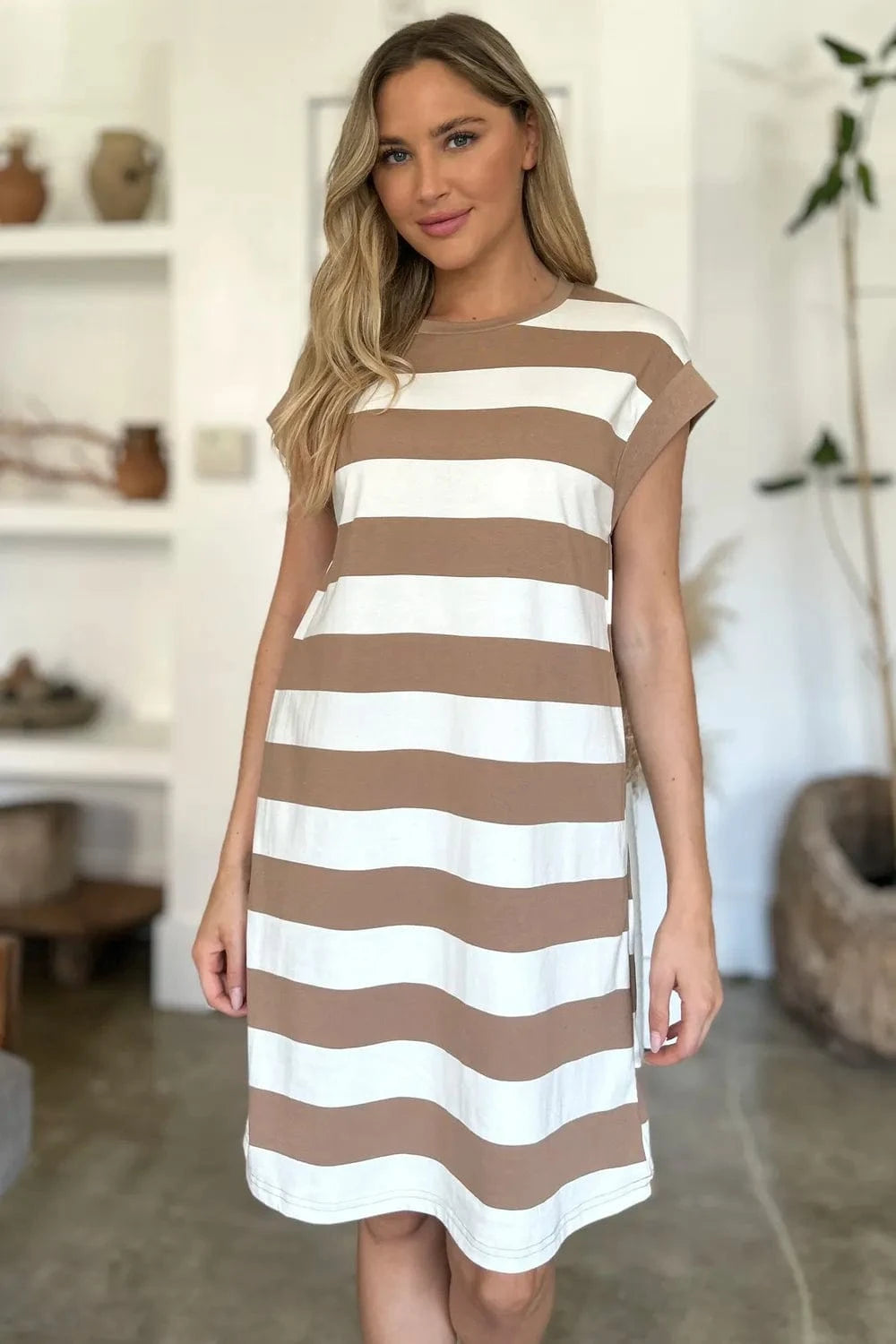 Basic Bae Mini Dresses Basic Bae Full Size Striped Round Neck Cap Sleeve Mini Dress