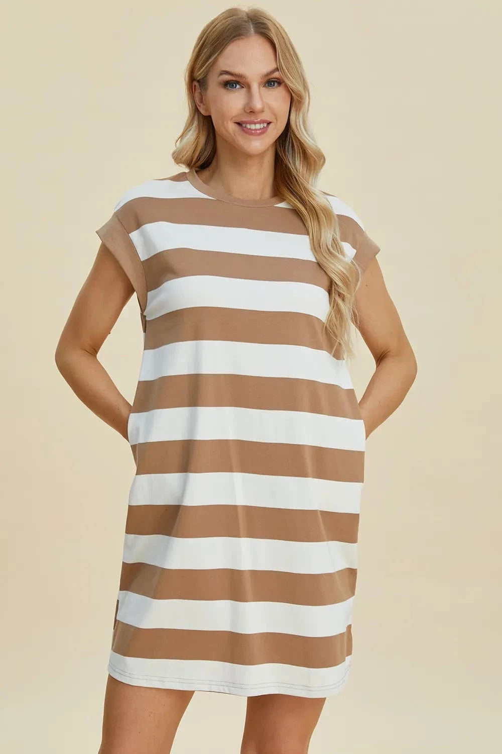 Basic Bae Mini Dresses Basic Bae Full Size Striped Round Neck Cap Sleeve Mini Dress