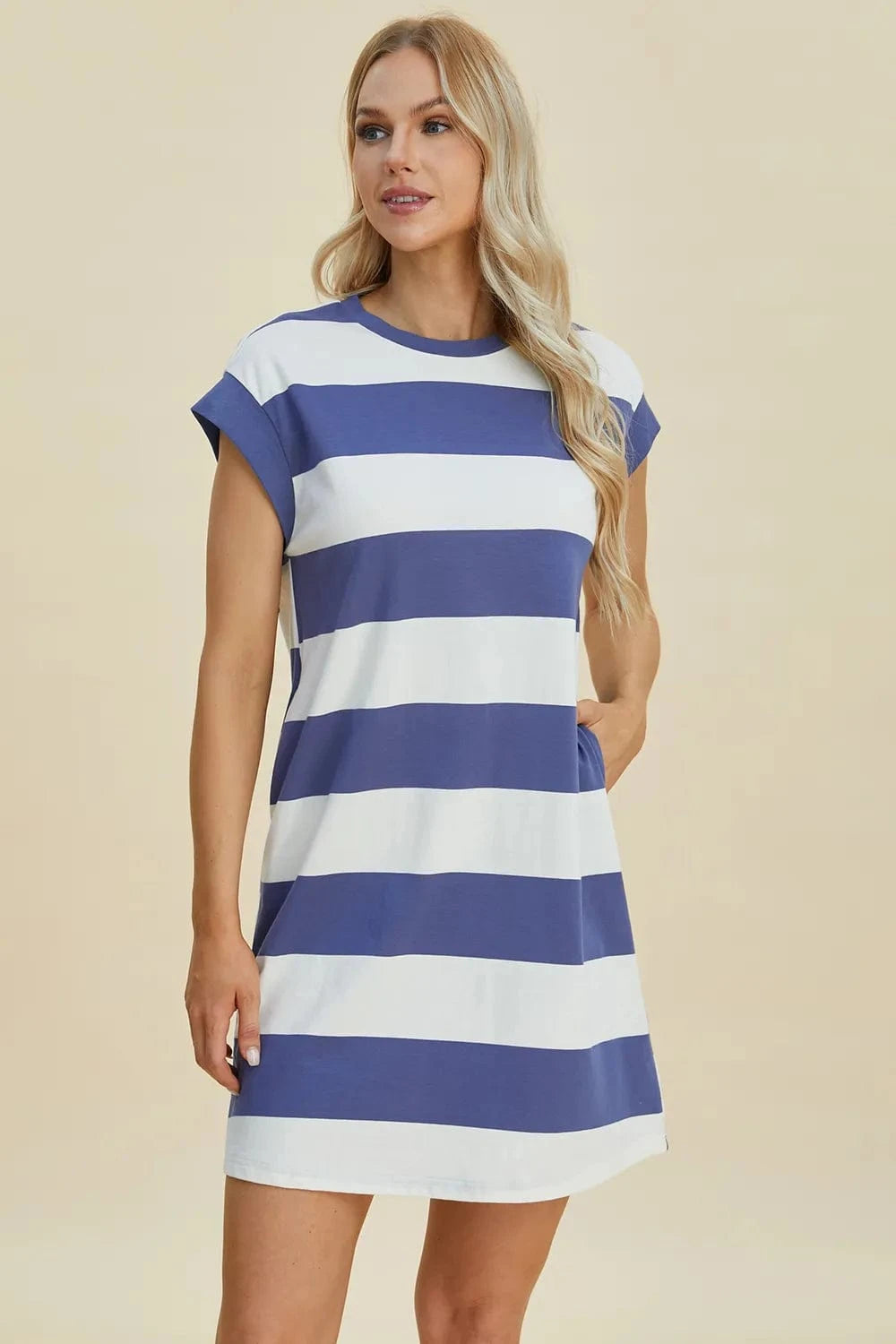 Basic Bae Mini Dresses Basic Bae Full Size Striped Round Neck Cap Sleeve Mini Dress