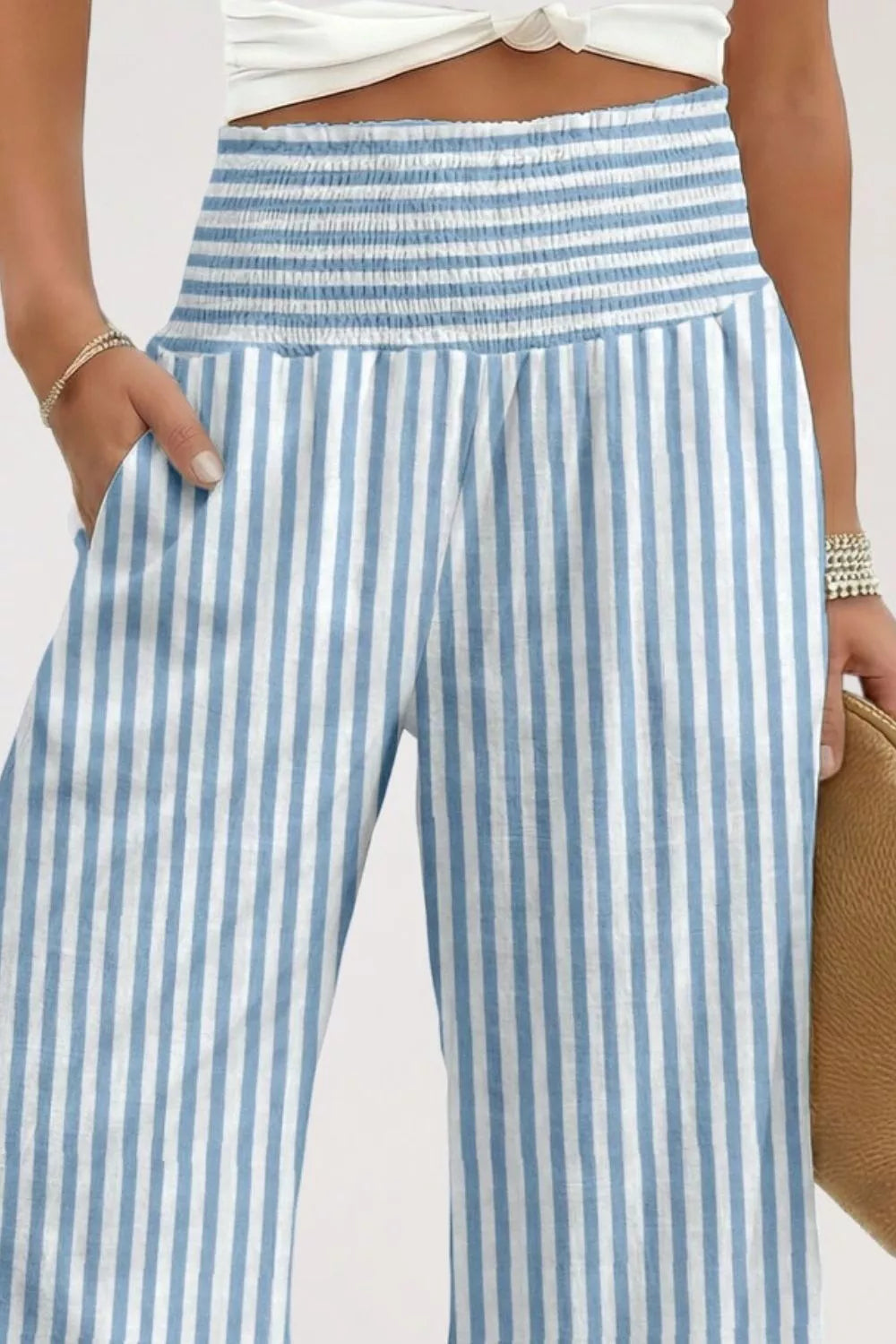Striped wide leg pants smocked waist detail