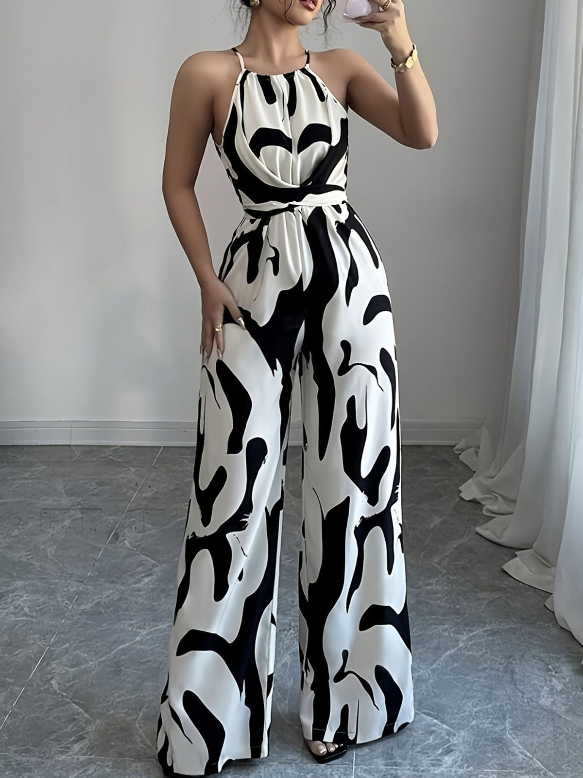 Abstract print sleeveless wide leg jumpsuit, front view