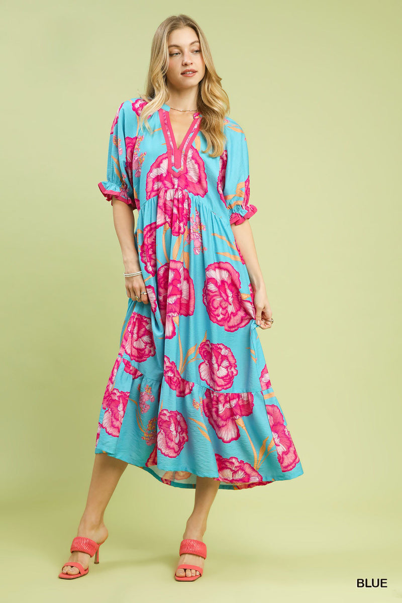 Floral Print Midi Dress with Contrast Trim