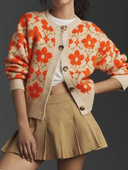 Flower Button Up Long Sleeve Cardigan Beige - Fashorio