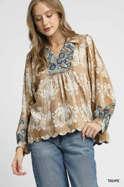 Umgee Floral Boho Blouse with Scalloped Hem Taupe - Fashorio