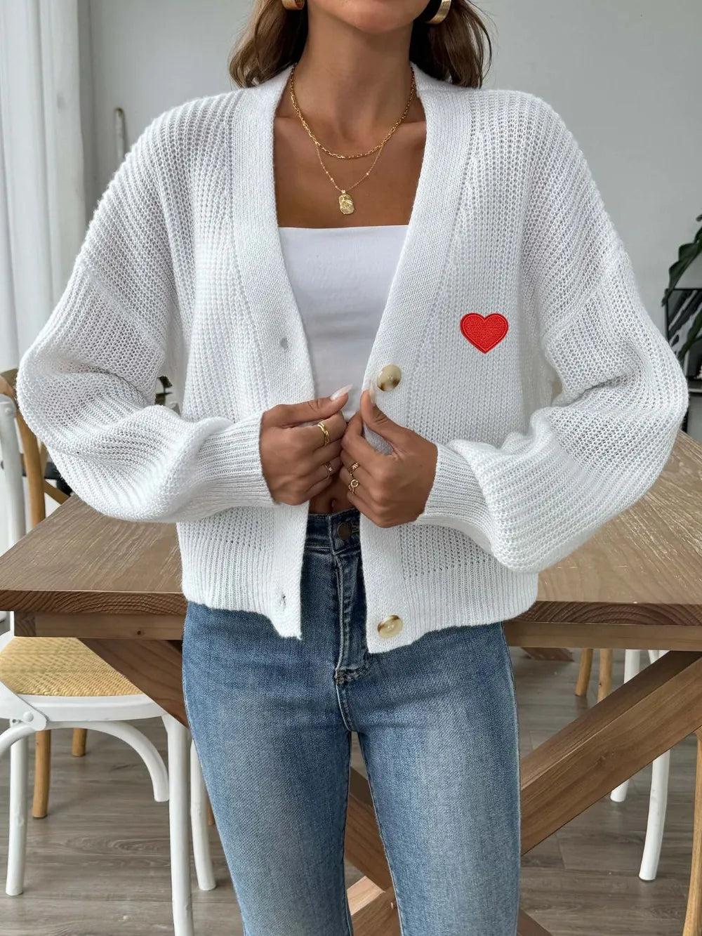Heart Button Down V-Neck Long Sleeve Cardigan - Fashorio