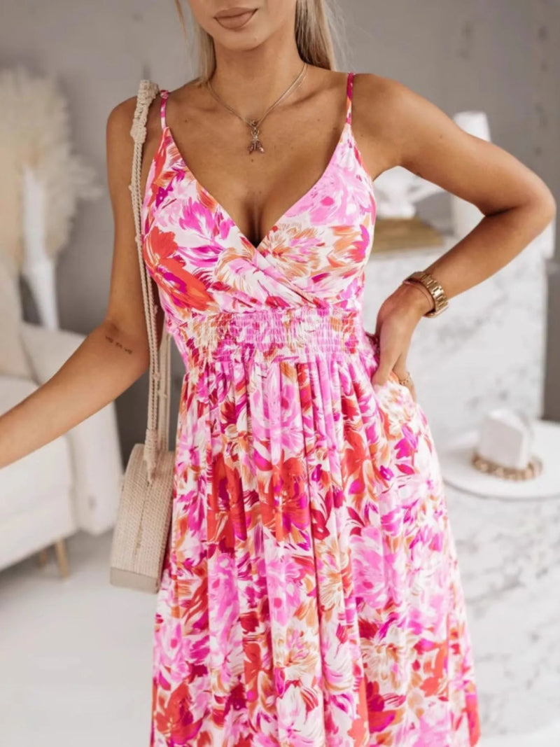 Printed spaghetti strap maxi dress front view
