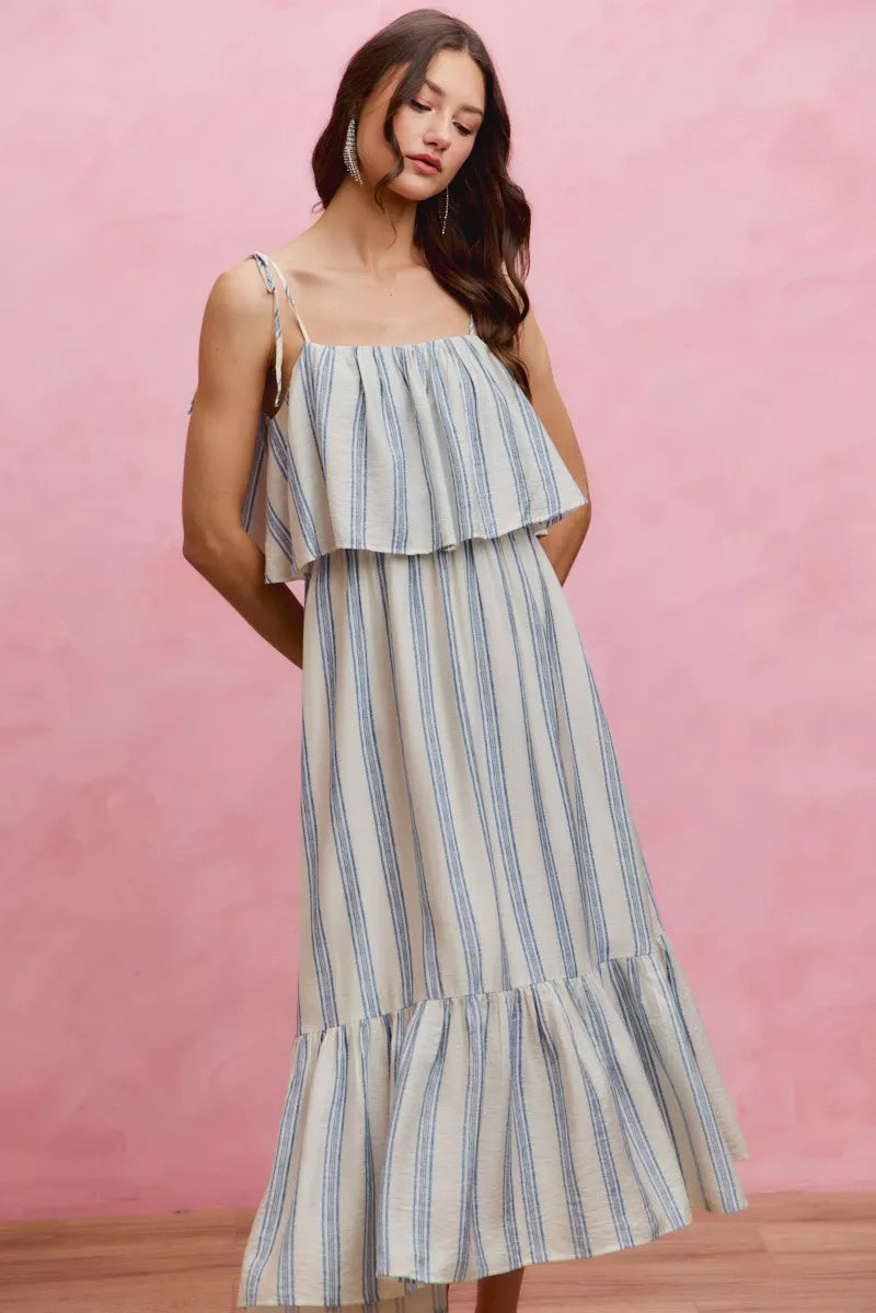 White and blue striped tiered midi dress with shoulder ties front view