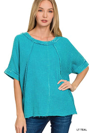 Zenana Washed Double Gauze Exposed Seam Short Sleeve Top LT TEAL - Fashorio