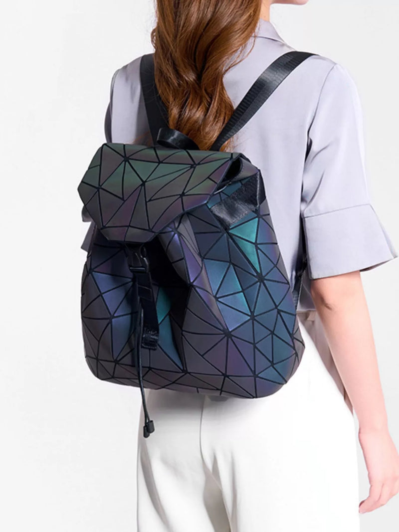 Black geometric buckle PU leather backpack front view