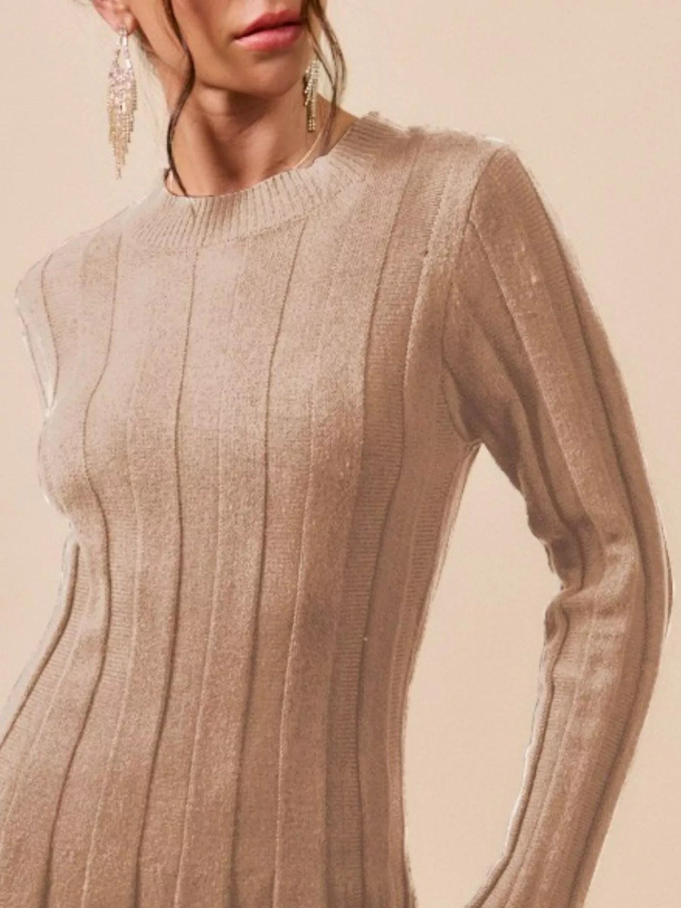 SO ME Ribbed Long Sleeve Mini Sweater Dress LATTE - Fashorio