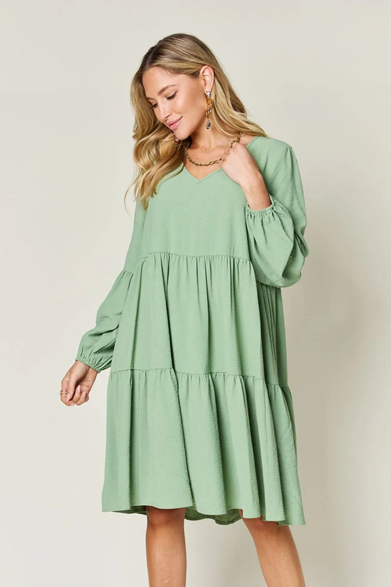 V neck balloon sleeve tiered dress front view